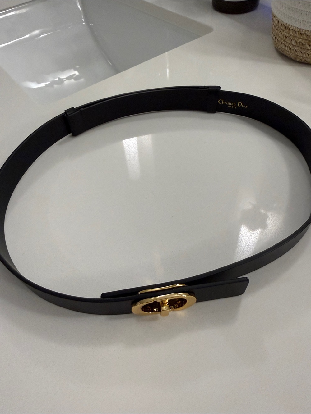 Dior Black Leather Belt with Gold Twist Buckle